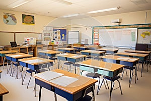 Empty classroom with wooden desks and board. Generative AI