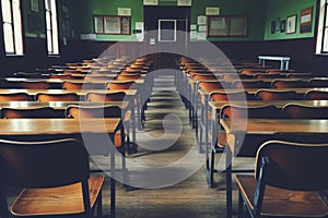 Empty classroom with wooden desks and chairs. Generative AI image.