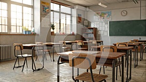 Empty Classroom Wooden Desks, Notebook, Sunlight, Vintage School, Education, Classroom Design School, Education