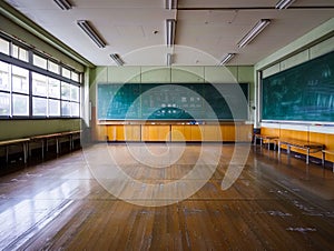 An empty classroom with wooden floors and a blackboard