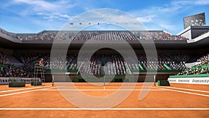 Empty clay tennis court with spectators 3d render