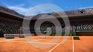 Empty clay tennis court with spectators 3d render