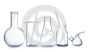Empty clean laboratory glassware on white background