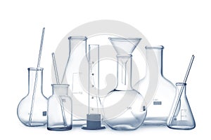 Empty clean laboratory glassware on white background