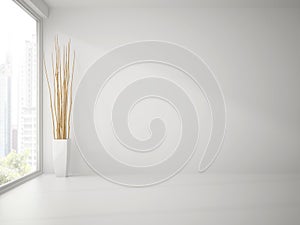Empty clean white room with branches decor 3D rendering