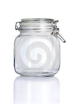 Empty clear glass jar in front view, and reflection isolated on white background, Suitable for Mock up creative graphic design,