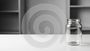 Empty clear glass jar on white surface in minimalistic setting