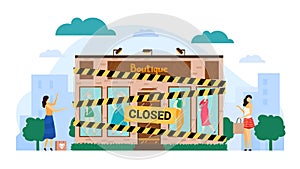 Empty closed bankrupted boutique vector illustration, cartoon flat store building with yellow black bankrupt closing
