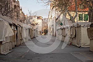 Empty closed bazaar in Split, Croatia during the corona virus outbreak. Closed covered shops and tents where many people trade and