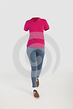 Empty clothes invisible sexy Woman wearing pink polo shirt and tight jeans with shoes posing