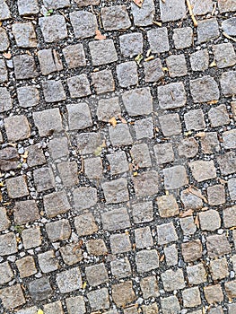 Empty cobblestone pavement close up on old town street