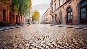 Empty cobblestone street in small town with old brick buildings. Generative AI