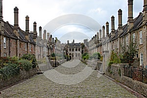 The empty cobblestone street of Vicar`s Close in Wells, Somerset