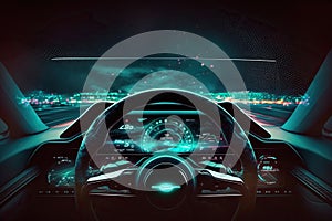 empty cockpit of vehicle, hud(Head Up Display) and digital speedometer. autonomous car.