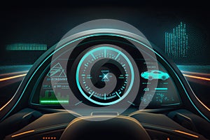 Empty cockpit of vehicle, hud(Head Up Display) and digital speedometer. autonomous car.