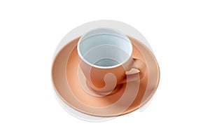 Empty coffee cup with plate on isolated white background