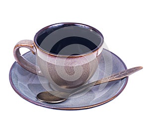 Empty coffee cup and saucer on white background