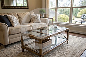 Empty coffee table near beige sofa with panoramic window