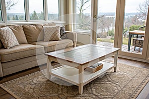 Empty Coffee Table with Space near Beige Sofa and Panoramic Window