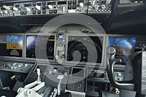 Empty cokpit plane, fly-deck of modern airplane Boeing 737-8 Max.