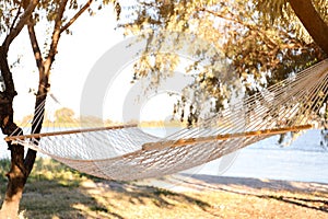 Empty comfortable hammock on beach. Summer vacation