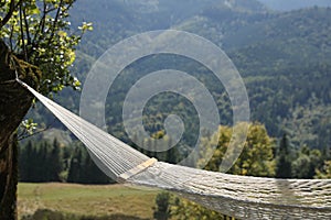 Empty comfortable net hammock in mountains on sunny day