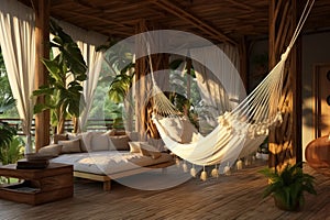 Empty comfortable wicker hammock and sofa in bedroom at day of eco hotel or bungalow lounge with view of jungle in tropical