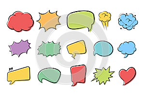 Empty comic speech bubbles background in pop art style. Comic speech bubble stickers with cloud, starburst, text box space,