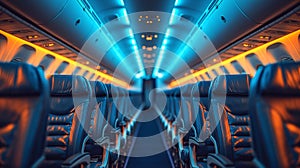 Empty commercial airplane cabin interior with blue armchairs