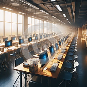 an empty computer labs, with computer screen on and ready for next class