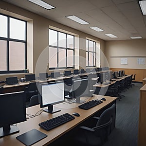 an empty computer labs, with computer screen on and ready for next class