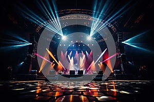 Empty concert stage in the light of spotlights. Performance