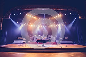 An empty concert stage with musical instruments, illuminated by floodlights