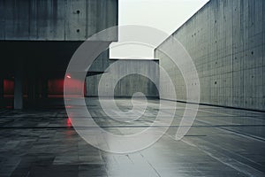 an empty concrete building with a red light in the middle