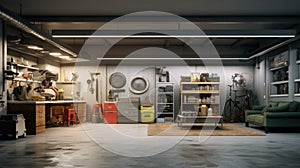 an empty concrete garage. The well-lit space features clean walls, a polished concrete floor, and modern hanging lamps