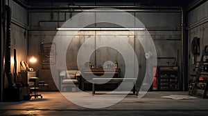 an empty concrete garage. The well-lit space features clean walls, a polished concrete floor, and modern hanging lamps