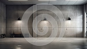 an empty concrete garage. The well-lit space features clean walls, a polished concrete floor, and modern hanging lamps