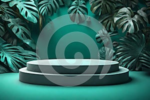 Empty concrete podium for product's display with Dark Turquoise and tropical leaves background