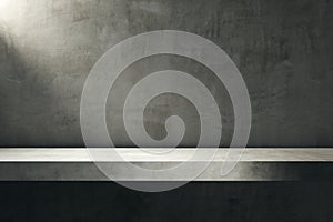 Empty concrete shelf with spotlight on textured grey wall background for product presentation or branding mockup template front photo