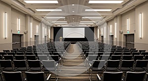 Empty Conference Hall with Rows of Chairs Facing a Large Projection Screen and Stage