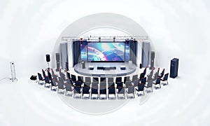 Empty Conference Hall with Stage and Projection Screen