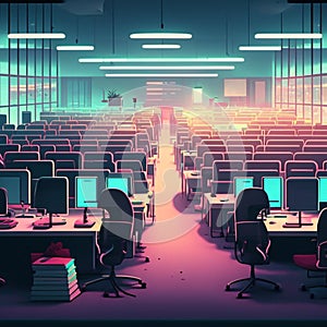 Empty conference room with rows of computer desks and chairs. 3d rendering AI generated