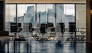 Empty conference room workspace showing cityscape skyline