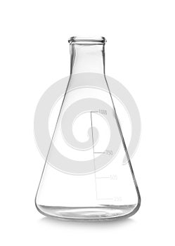 Empty conical flask isolated on white. Chemistry laboratory