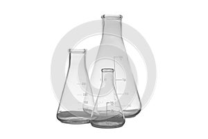 Empty conical flasks on background. Laboratory glassware