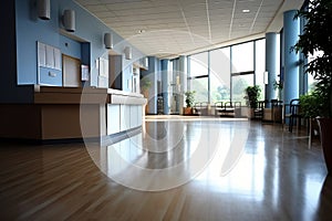 Empty contemporary hospital reception room with big windows. Ai generative