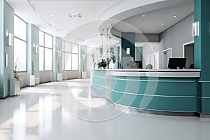 Empty contemporary white turquoise hospital reception room. Ai generative