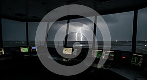 Empty Control Tower Stormy Night Dramatic Lightning Sea