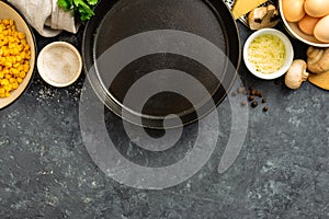 Empty cooking pan and ingredient for cooking healthy food top view