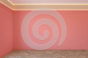 Empty coral, pink color interior with blank wall, mouldings, ceiling backlit and wooden chevron parquet floor.